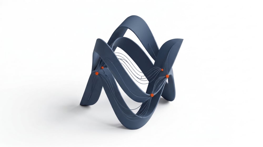 Uma composição conceitual 3D isométrica e minimalista de uma escultura entrelaçada 'N' feita de Navier Slate flutuando em um fundo branco puro. Três seções integradas representam as especialidades de Go-to-Market, Vendas e Marketing da Navier. Nós de conexão pontuais em laranja vibrante destacam a execução e o suporte.
