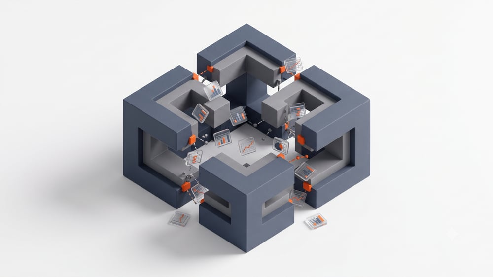 Uma representação ilustrativa e abstrata de operações de receita de uma empresa B2B fragmentada. A imagem mostra esculturas geométricas centrais isoladas, desconectadas e desalinhadas, flutuando em um fundo escuro e neutro, simbolizando silos operacionais entre departamentos. Peças pontiagudas e dispersas de dados, representadas por pequenos ícones de planilhas de vidro e gráficos de linhas isolados, flutuam aleatoriamente entre as estruturas quebradas, sem formar um fluxo coeso ou unificado, refletindo a falta de conexão e comunicação e dados descentralizados.