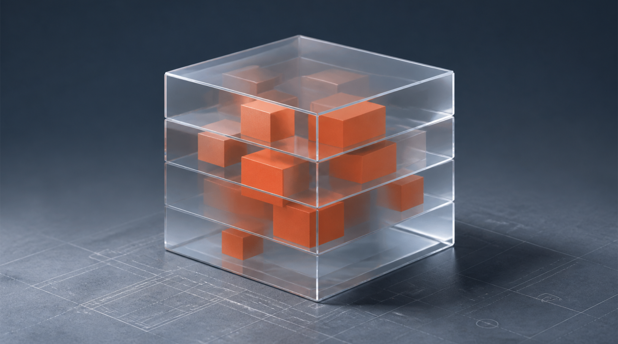 Capa do artigo da Navier sobre quanto custa implementar HubSpot: cubo de vidro em camadas com blocos laranja escondidos no interior, representando custos que aparecem depois.