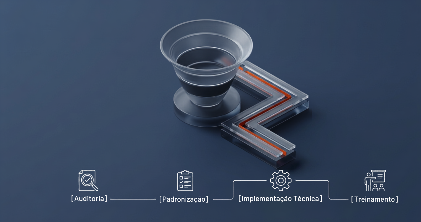 Ilustração 3D isométrica de funil em vidro sob fundo azul, detalhando as 4 etapas de estruturação do pipeline de CRM B2B.