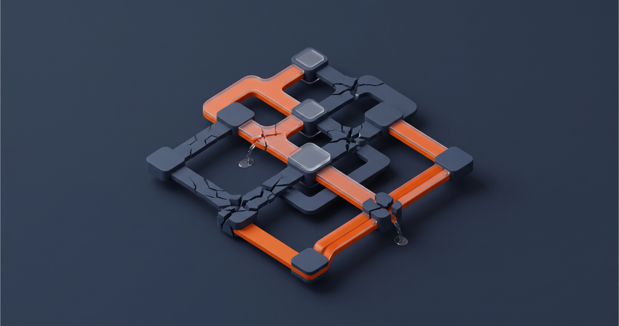 Uma renderização 3D isométrica conceitual de uma estrutura geométrica centralizada em fundo Slate (#3D4C63) profundo. A composição limpa mostra fluxos de dados e receita interconectados como tubulações com texturas táteis de vidro e superfícies foscas em laranja vibrante (#E8571A). A estrutura apresenta fissuras, rachaduras e gotejamentos físicos visíveis em pontos-chave da rede, representando vazamentos operacionais e gargalos de faturamento no B2B. A iluminação de estúdio suave realça a profundidade e a textura no nível de pixel, com alto espaço negativo.