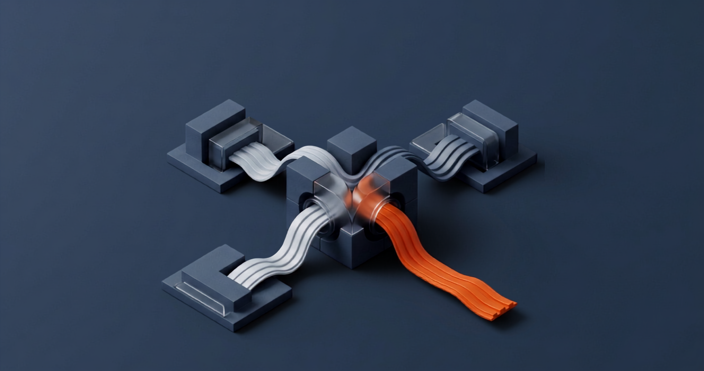 Ilustração 3D conceitual mostrando fluxos convergindo para eliminar gargalos e acelerar receita em empresas B2B. Visão sofisticada da integração de marketing, vendas e pós-vendas, em tons de ardósia e um acento laranja. Sem rostos ou texto.