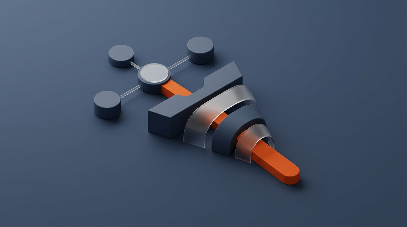 Representação 3D isométrica conceitual com estrutura em vidro fosco e nós interconectados nas cores azul-escuro e laranja, simbolizando o alinhamento de canais e processos de Go-to-Market para empresas B2B.